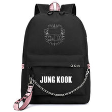 Load image into Gallery viewer, HOT Bangtan Boys Rap Monster JUNG KOOK JIMIN Backpack School Bags Mochila Travel Bags Laptop Chain Backpack Headphone USB Port